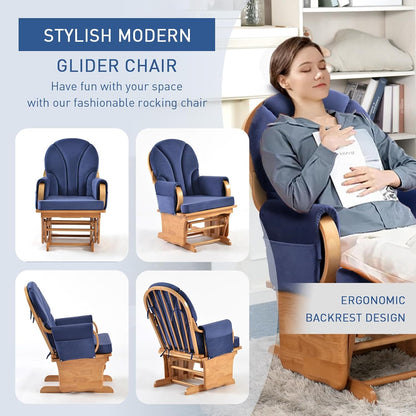 Glider Rocking Chair with Ottoman Set, Solid Wood Nursery Glider Rocker with Padded Cushion, High Back Upholstered Swivel Glider for Living Room, Nursing, Reading, 280LBS Weight Capacity,Oak+Khaki