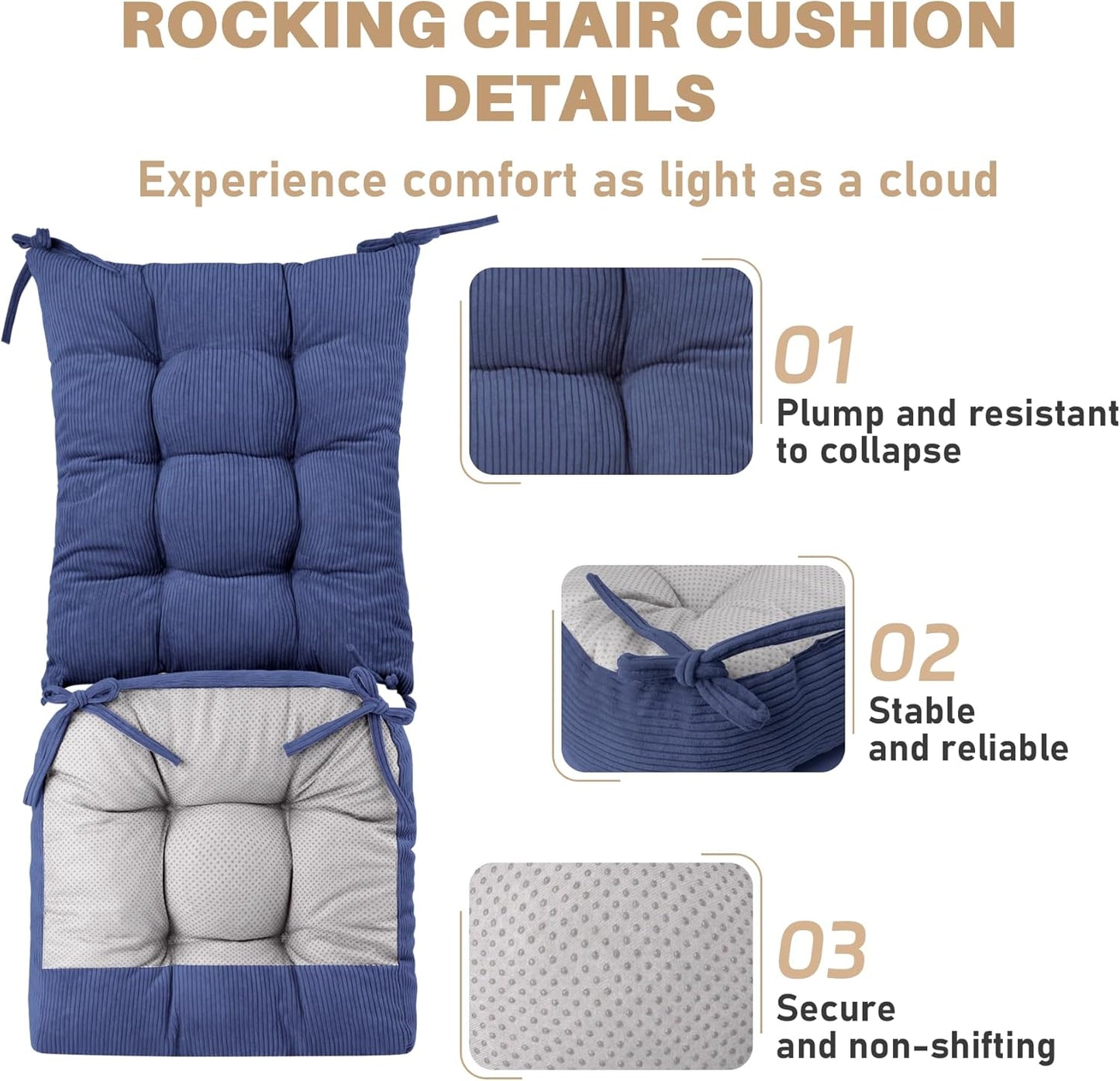 Rocking Chair Cushion with Ties Non-Slip Outdoor Rocking Chair Cushion Set Waterproof Fade-Resistant Porch Garden Patio Glider Rocker Cushions