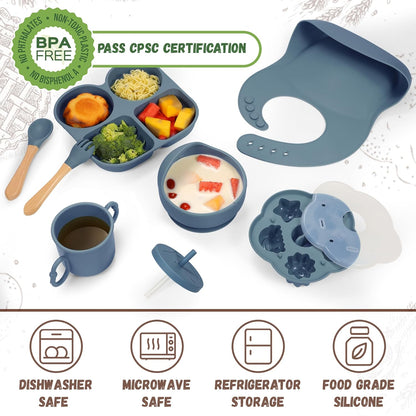 Silicone Baby Feeding Set, Baby Led Weaning Supplies, Baby Food Tableware Silicone Suction Plate, Bowl, Spoons, Fork, Waterproof Bib, Cup & Complementary Food Cake Mold, Baby Eating Utensils