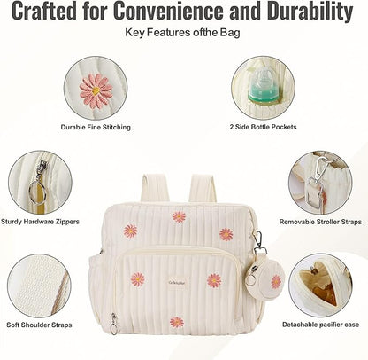 GOBABYMART Diaper Bag Backpack, Medium Maternity baby bag & Changing Pad, Insulated Pockets, Stroller Straps & Pacifier Case (Medium - Beige Flowers)