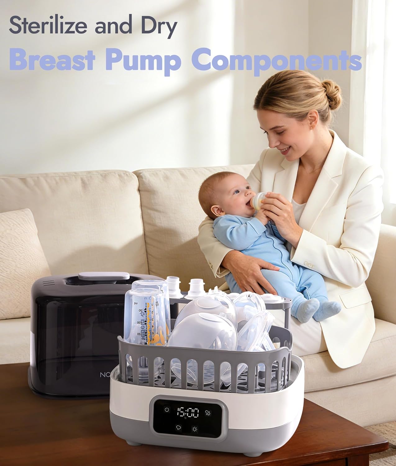 NCVI 20-Minute Baby Bottle Steamer Sterilizer and Dryer with 2 Bottle Trays for 8 Bottles, Fast Electric Steam Sterilization Disinfection for All Bottles, Pacifiers, Teether and Breast Pump Parts