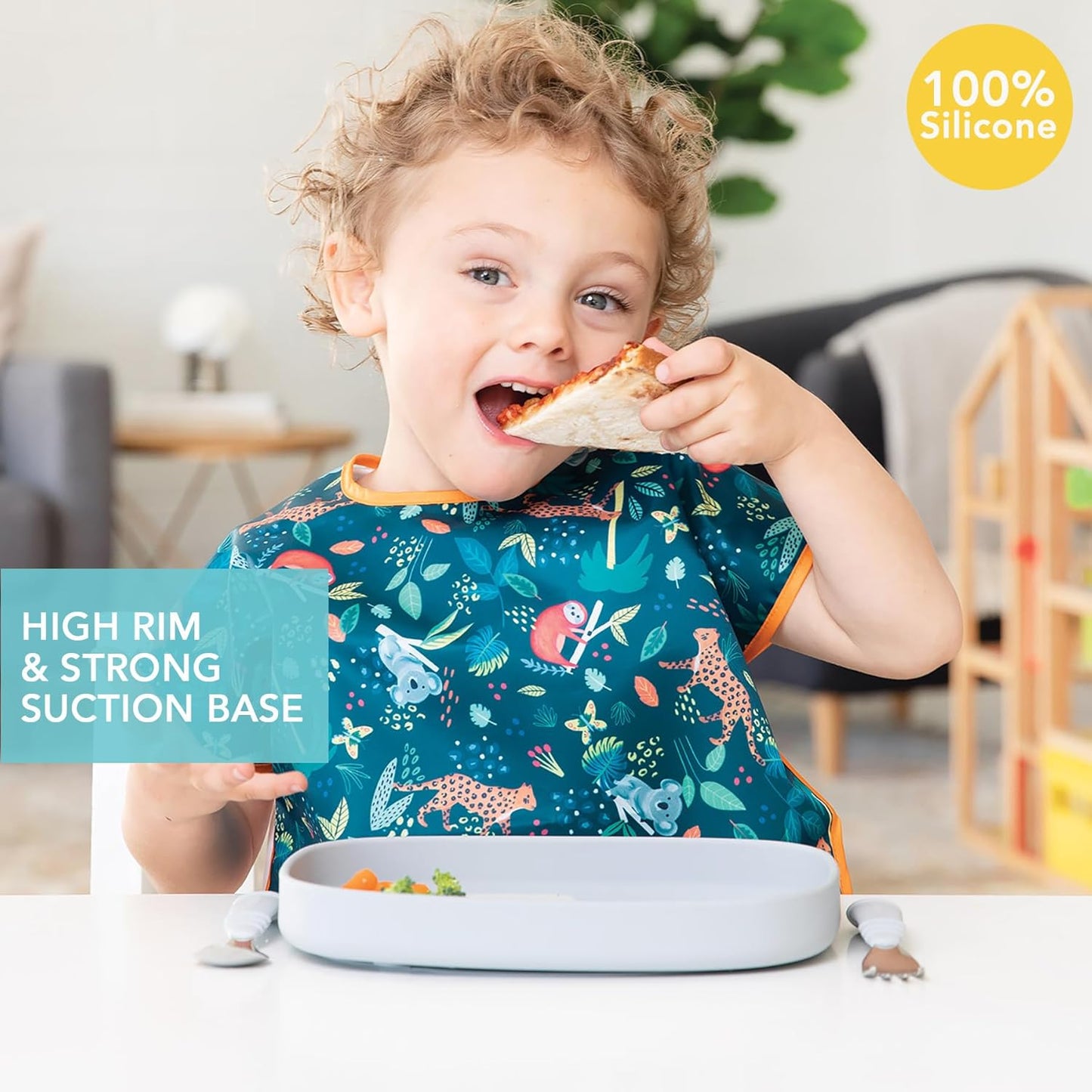 Bumkins Toddler and Baby Suction Plate, Divided Grip Dish for Babies and Kids, Baby Led Weaning, Feeding Supplies, Sticks to Tables and Highchairs, Platinum Silicone, for Chidren 6 Months, Gray