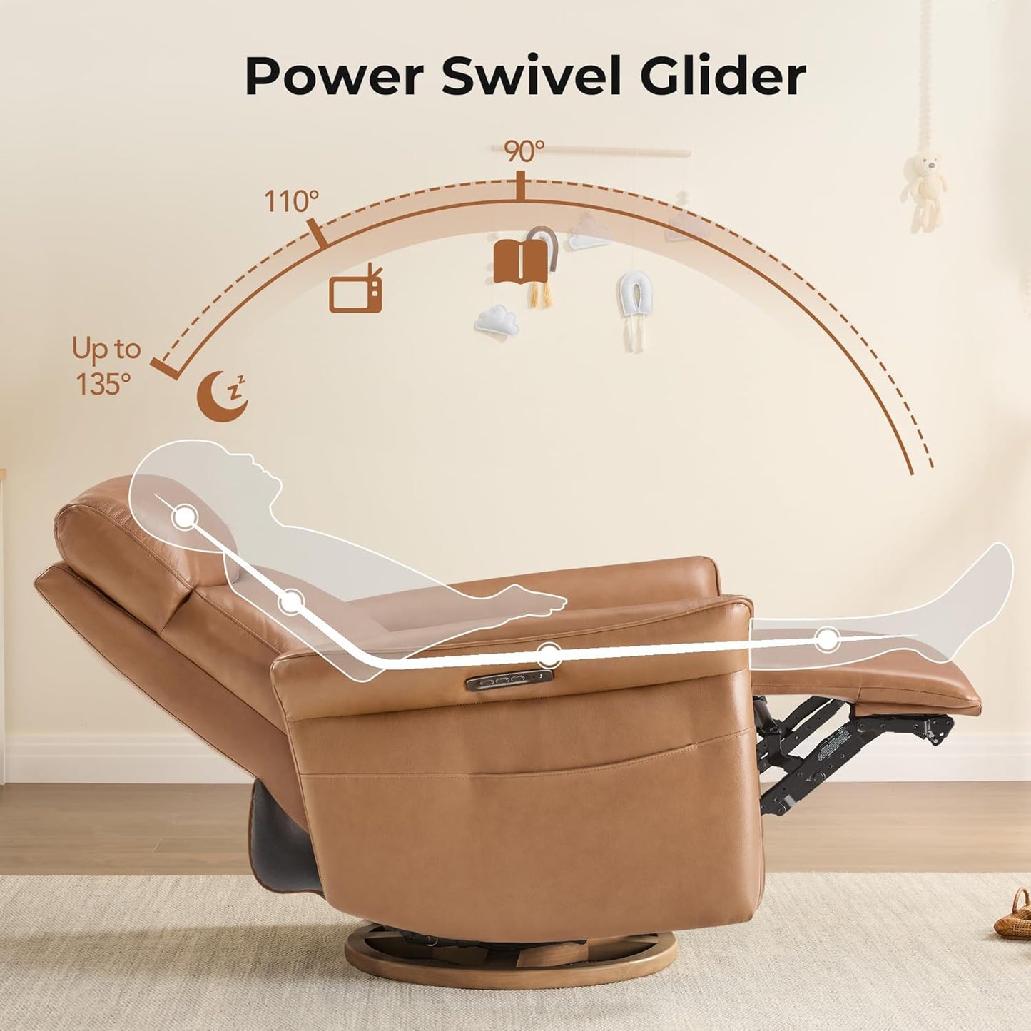 CHITA Power Recliner Chair, Electric Triple-Motor Swivel Glider Nursery Rocking Chair with Adjustable Power Headrest and Lumbar Support, GREENGARD Gold Certified, Solid Wood Base, Khaki Grey