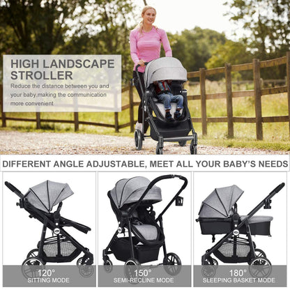 INFANS 2 in 1 Baby Stroller, High Landscape Infant Stroller & Reversible Bassinet Pram, Foldable Pushchair with Adjustable Canopy, Storage Basket, Cup Holder, Suspension Wheels (Black)