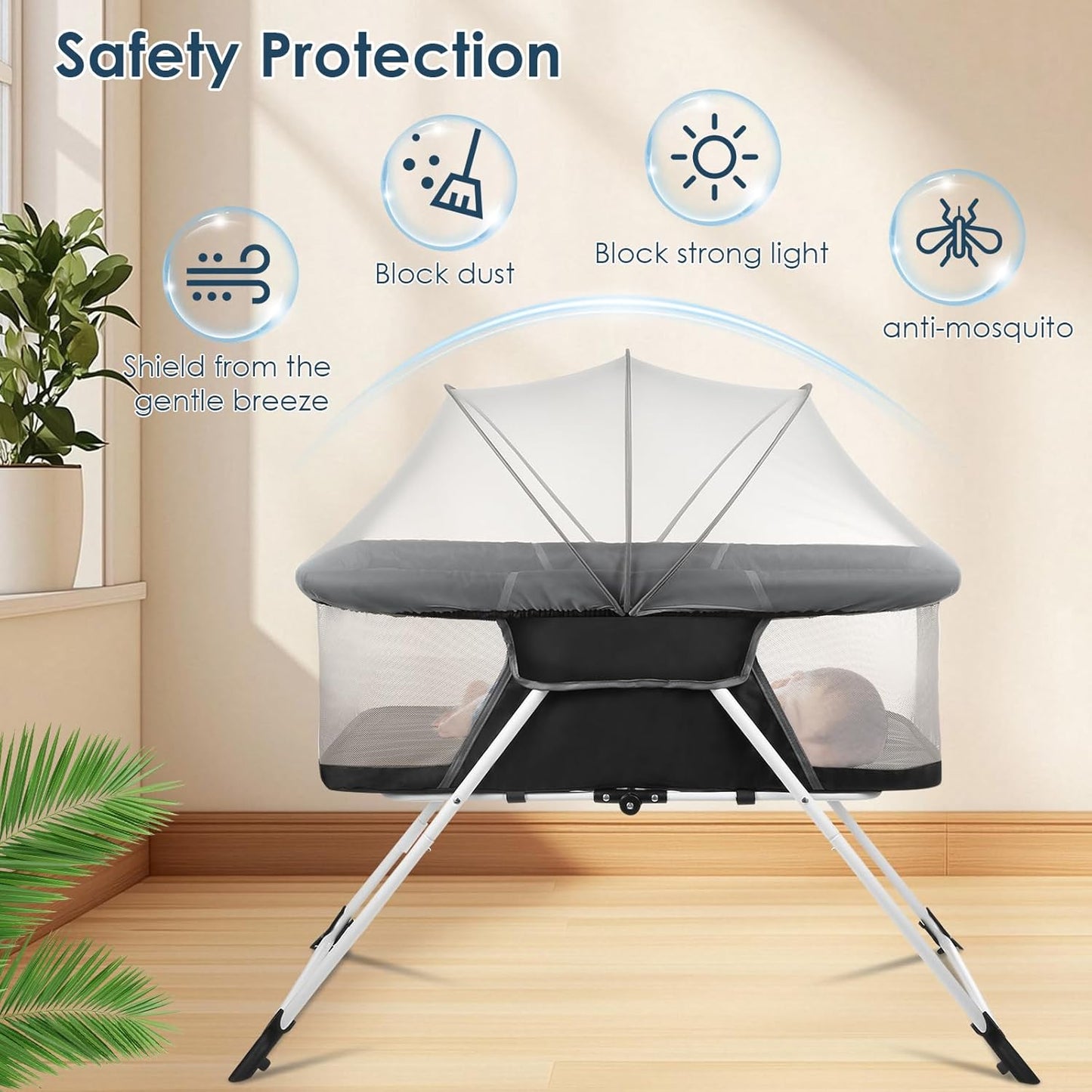 Portable Baby Bassinet - Foldable Bedside Bassinet, Lightweight Playpen with Mosquito Net, 42.5 x 40.2 x 20.8 inches, Black