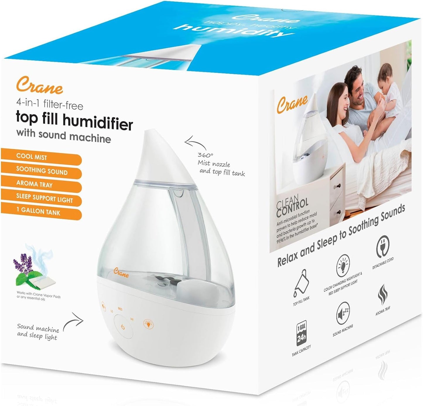 Crane 4-in-1 Drop 2.0 Ultrasonic Cool Mist Humidifier with Sound Machine, Night Light, Aroma Tray, 1 Gallon Top Fill, Blue & White