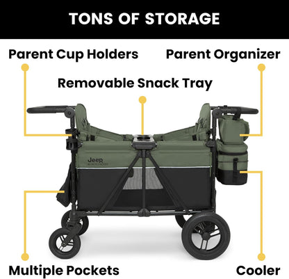 Jeep Wrangler Deluxe 4 Seater Stroller Wagon by Delta Children - Premium Quad Stroller Wagon for 4 Kids with Convertible Seats, Adjustable Push/Pull Handles, Removable Canopy & Flat Fold, Grey