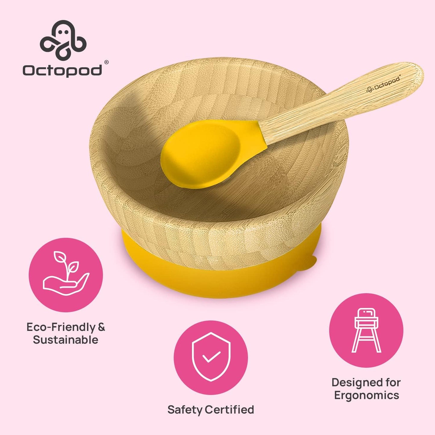 Abiie Octopod Bamboo Baby Bowl Set for 4 Months and Up – Mess-Free High Chair Suction Bowl with Spoon for Toddlers and Kids - Ergonomic Baby Feeding Essentials - 5.7" x 3" x 5.7" - Pink