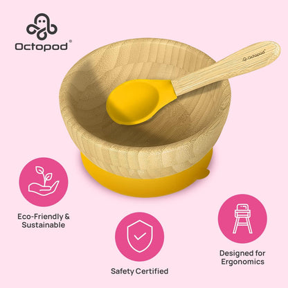 Abiie Octopod Bamboo Baby Bowl Set for 4 Months and Up – Mess-Free High Chair Suction Bowl with Spoon for Toddlers and Kids - Ergonomic Baby Feeding Essentials - 5.7" x 3" x 5.7" - Pink