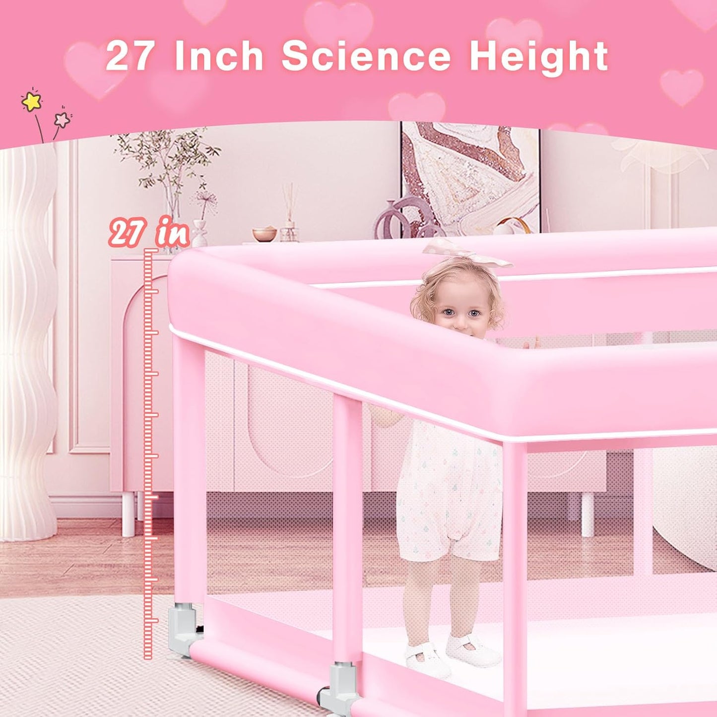 Pink Baby Playpen 50x50 Inches Playpen for Little Princess Play Yards Indoor & Outdoor Sturdy Safety Baby Girls Play Pen with Soft Breathable Mesh Toddlers Activity Center with Anti-Slip Base