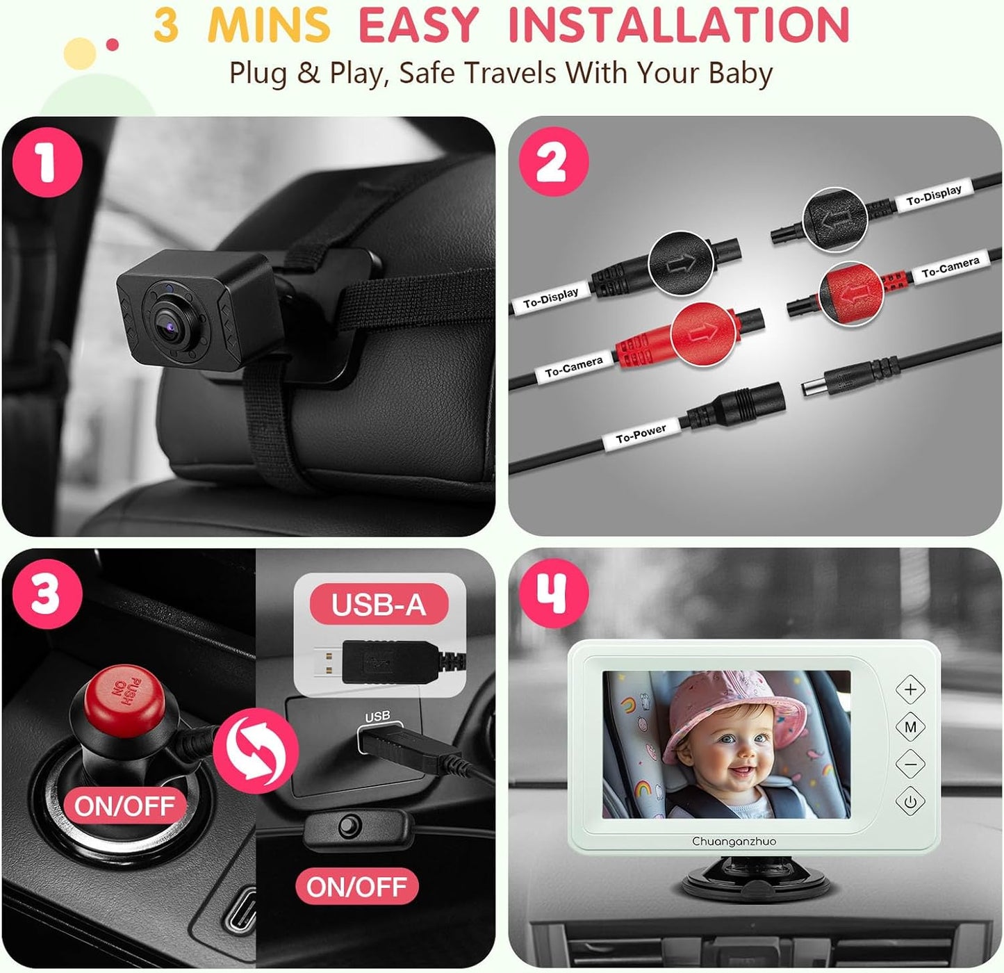 Baby Car Camera USB with No.1 Clarity, 5'' HD 1080P IPS Baby Car Monitor with 3X Zoom, Backseat/Carseat/Rear Seat Camera with Ultra Night Vision, Easy No-Damage Install, S100P(5inch Black)