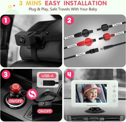 Baby Car Camera USB with No.1 Clarity, 5'' HD 1080P IPS Baby Car Monitor with 3X Zoom, Backseat/Carseat/Rear Seat Camera with Ultra Night Vision, Easy No-Damage Install, S100P(5inch Black)