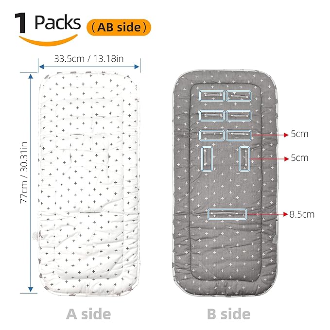 Baby Stroller Cushion,Infant Car Seat Insert-Reversible Universal Breathable and Soft Newborn seat Liner for Stroller,100% Cotton Seat Pad Liner for Newborns-34x78cm,1 Pack(White+Grey Cross)