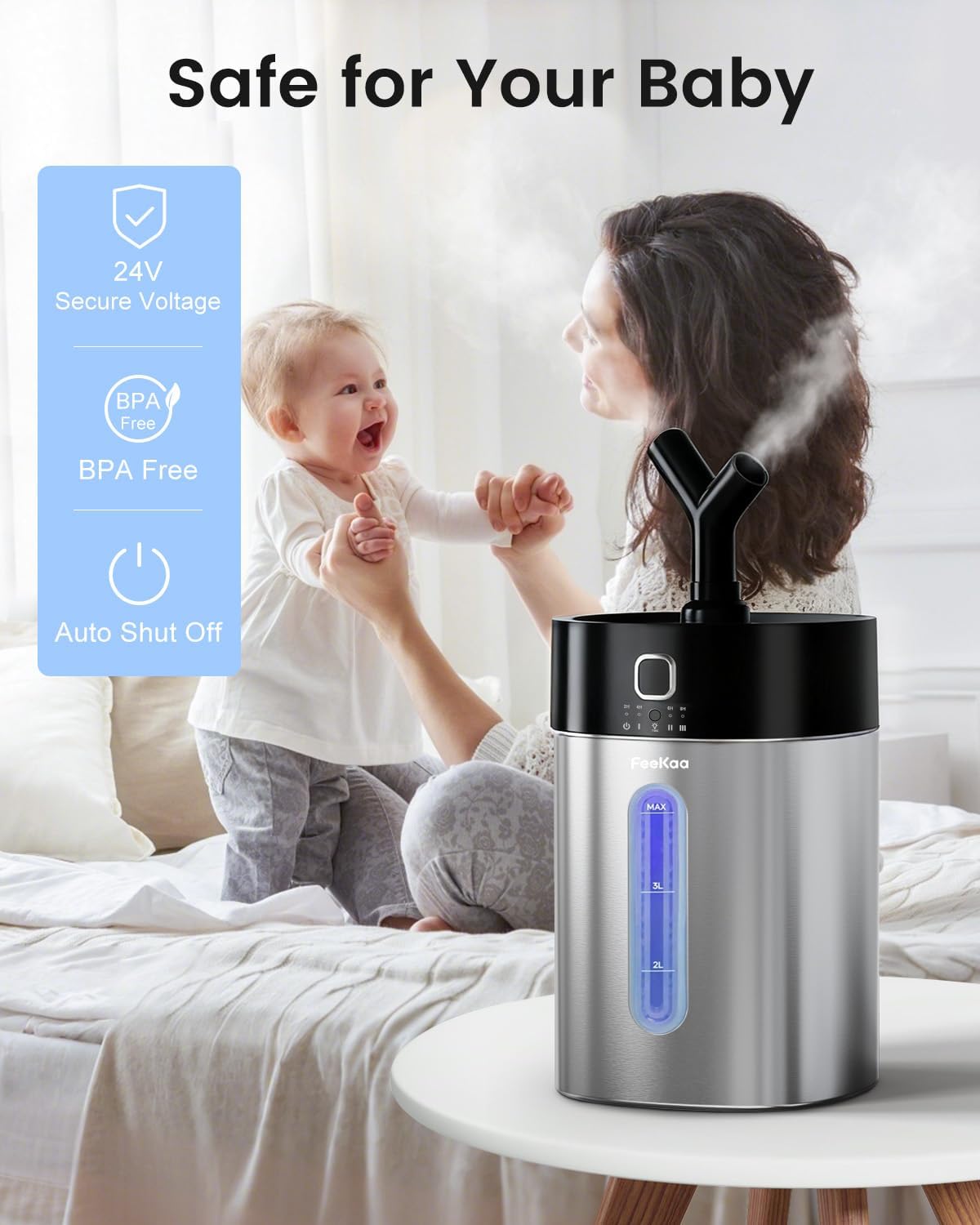 Feekaa Stainless Steel Humidifier, Easy Clean Dishwasher Safe, 4L/1Gal Cool Mist Humidifiers for Bedroom, Humidifiers for Baby, Humidifier Large Room for Nursery, Plant, Office, Living Room, White