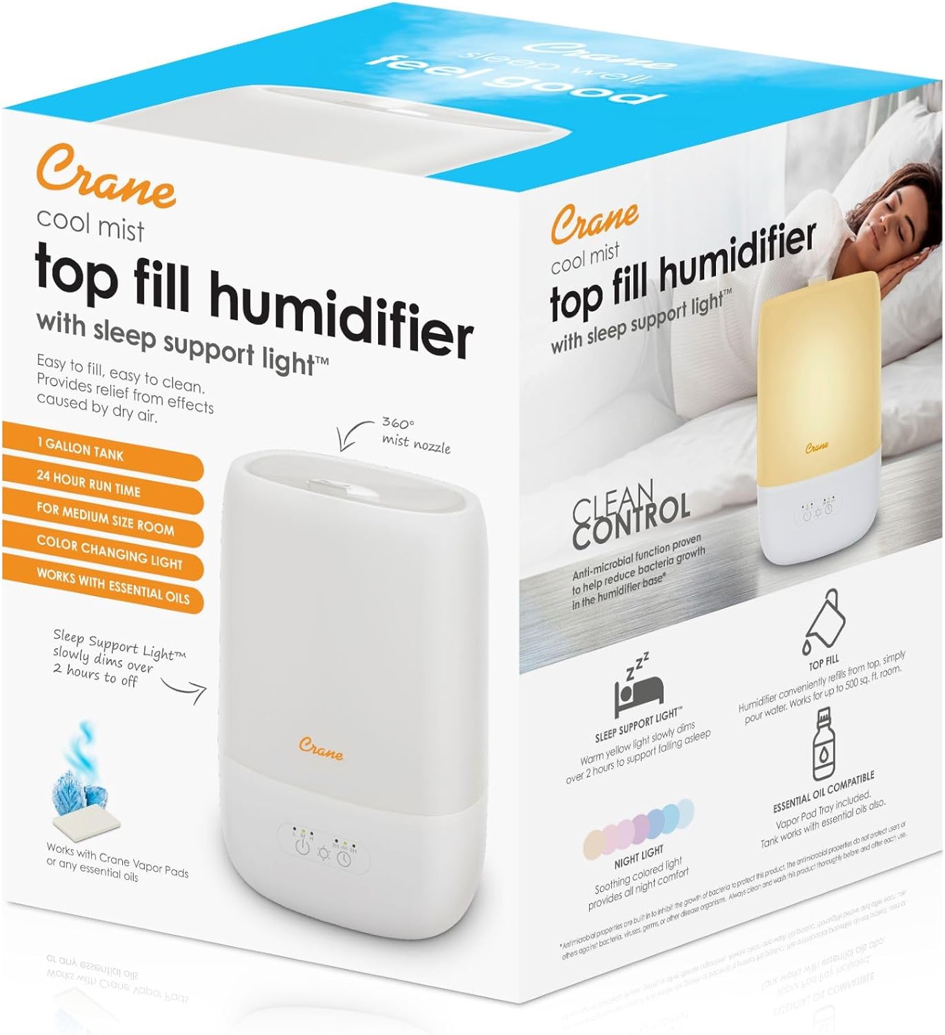 Crane Top Fill Mini Humidifier for Bedroom and Nursery 3-In-1 Essential Oil Diffuser Sleep Light 0.5 Gallon Baby Humidifier
