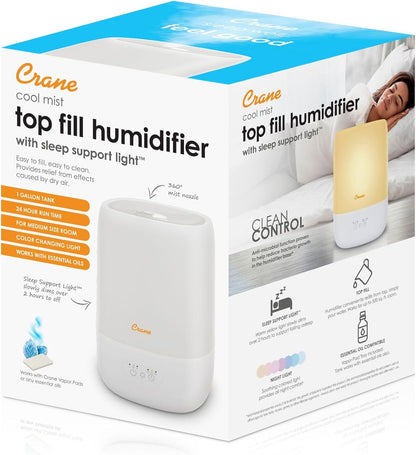 Crane Top Fill Mini Humidifier for Bedroom and Nursery 3-In-1 Essential Oil Diffuser Sleep Light 0.5 Gallon Baby Humidifier