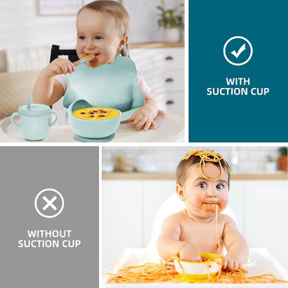 100% Silicone Baby Feeding Set, BPA Free Baby Dishes with Suction Bowl, Divided Plate, Toddler Self Feeding Dish Set with Spoons, Forks, Sippy Cup and Bib, Baby Eating Utensils (Navy Blue)