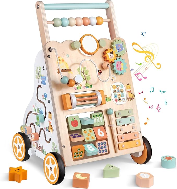 Wooden Baby Walker with Wheels, Push Walker with Baby Activity Center, Montessori Walking Toy for Girls Boys, Ajustable Speed & Height Activity Toy for Toddler Learning to Walk 12+ Months (Natural)