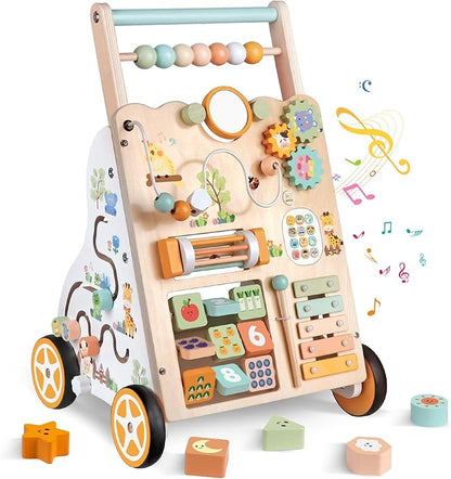 Wooden Baby Walker with Wheels, Push Walker with Baby Activity Center, Montessori Walking Toy for Girls Boys, Ajustable Speed & Height Activity Toy for Toddler Learning to Walk 12+ Months (Natural)