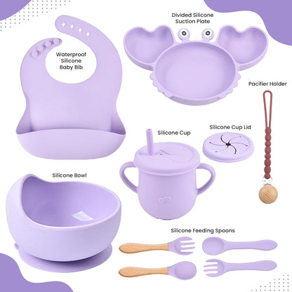 Silicone Baby Feeding & Weaning Set – Food-Grade Baby Led Weaning Supplies with Suction Plate, Bowl, Bib, Sippy Cup & Soft Spoon Fork – Dishwasher & Microwave Safe (Brown)