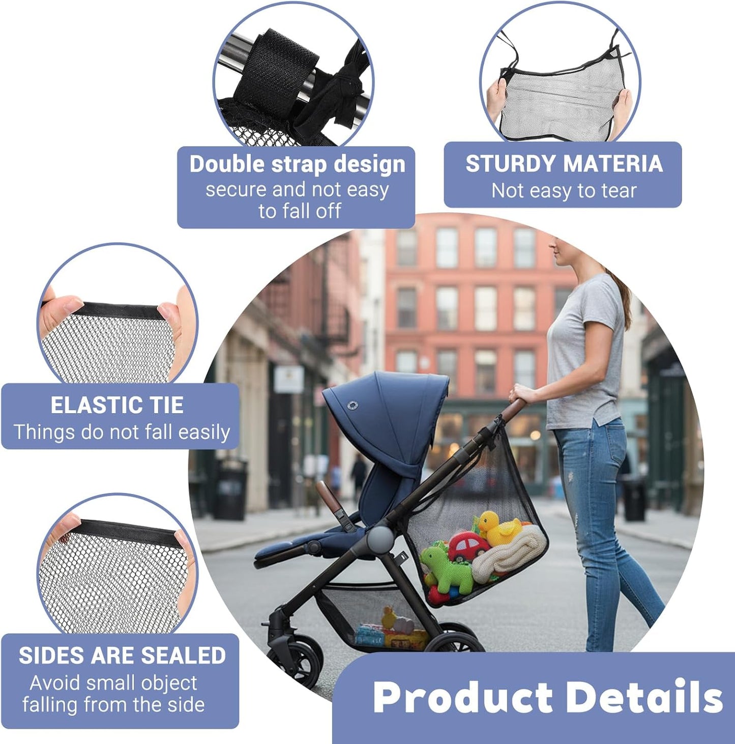 Thinp Stroller Sling Side Bag, Universal Stroller Organizer Cargo Net Strollers Caddy Mesh Storage Bag Strollers Accessories Fits for Nuna, Uppababy, Minu, Butterfly (Black)