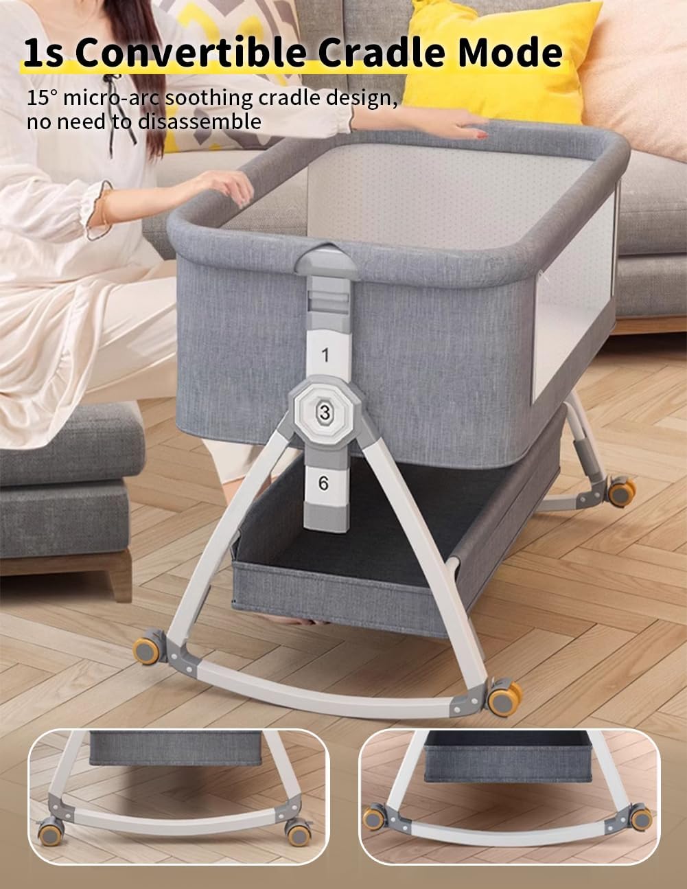 Baby Bassinet, Bedside Bassinet for Baby, 4 in 1 Portable Bassinet Bedside Sleeper with Wheels Mosquito Net & Storage Basket, 6 Height Adjustable Rocking Bassinet for Newborn Baby