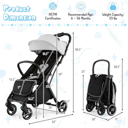 HONEY JOY Lightweight Baby Stroller, Compact Travel Stroller for Airplane, Fits Airplane Cabin & Overhead, One-Hand Gravity Fold, Self-Standing Toddler Stroller w/Adjustable Backrest/Canopy(Pink)