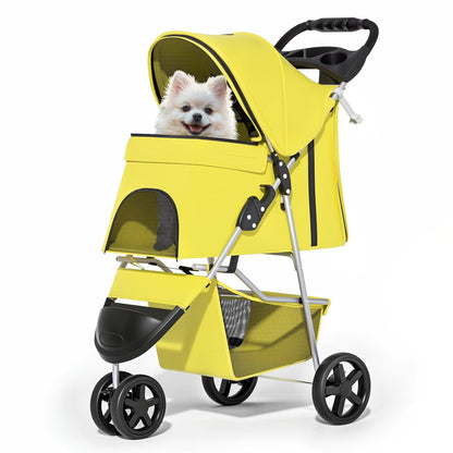 MoNiBloom Foldable Pet Stroller with Weather Cover, 3 Wheels Pet Strolling Cart for Small/Medium Dogs and Cats with Storage Basket and Cup Holder, Breathable and Visible Mesh for All-Season, Black