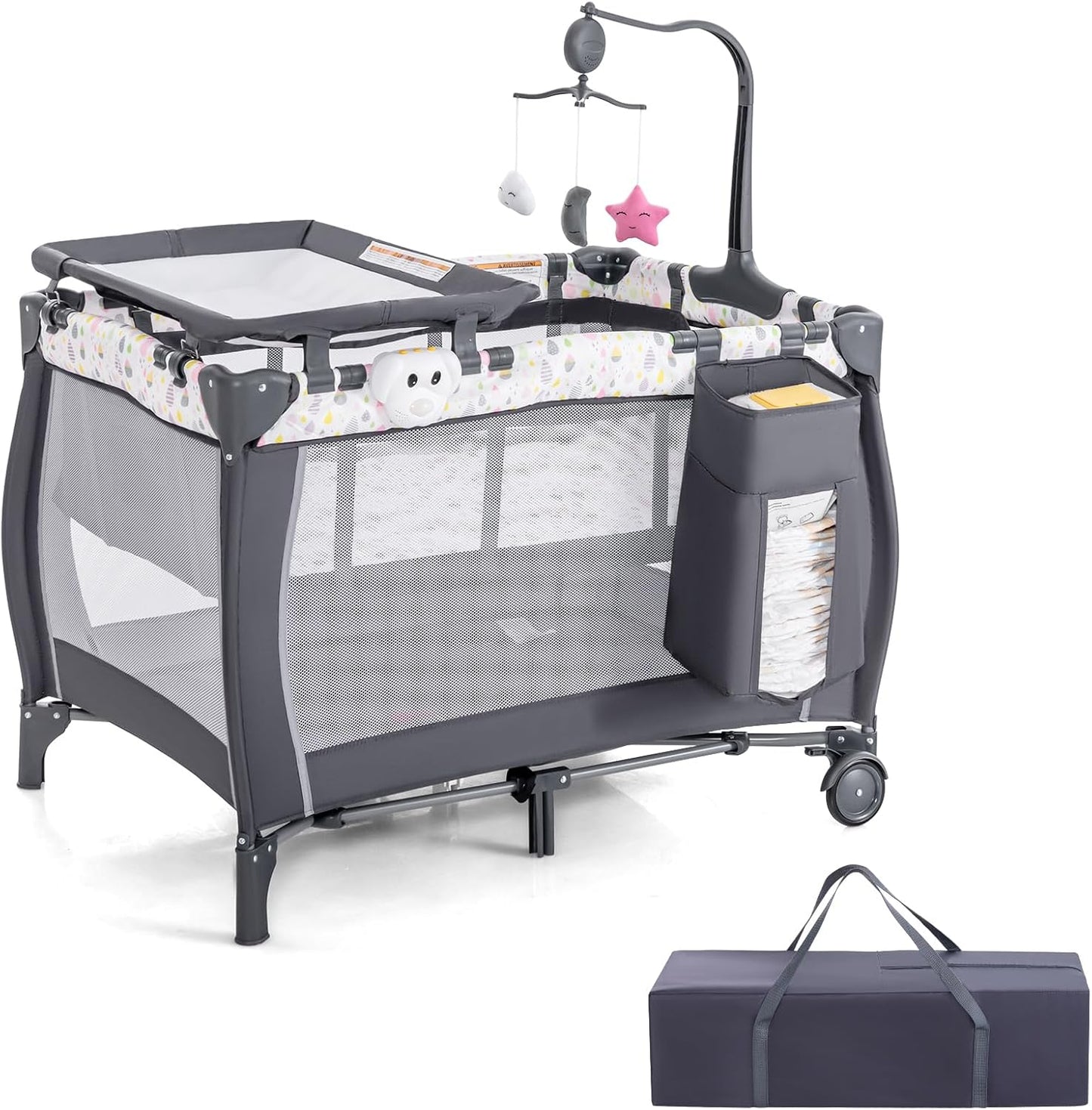 HONEY JOY Pack and Play, 3 in 1 Portable Baby Playard with Bassinet, Changing Table, Lockable Wheels, Music Box, Foldable Travel Baby Crib Nursery Center from Newborn to Toddler (Coffee Pink)