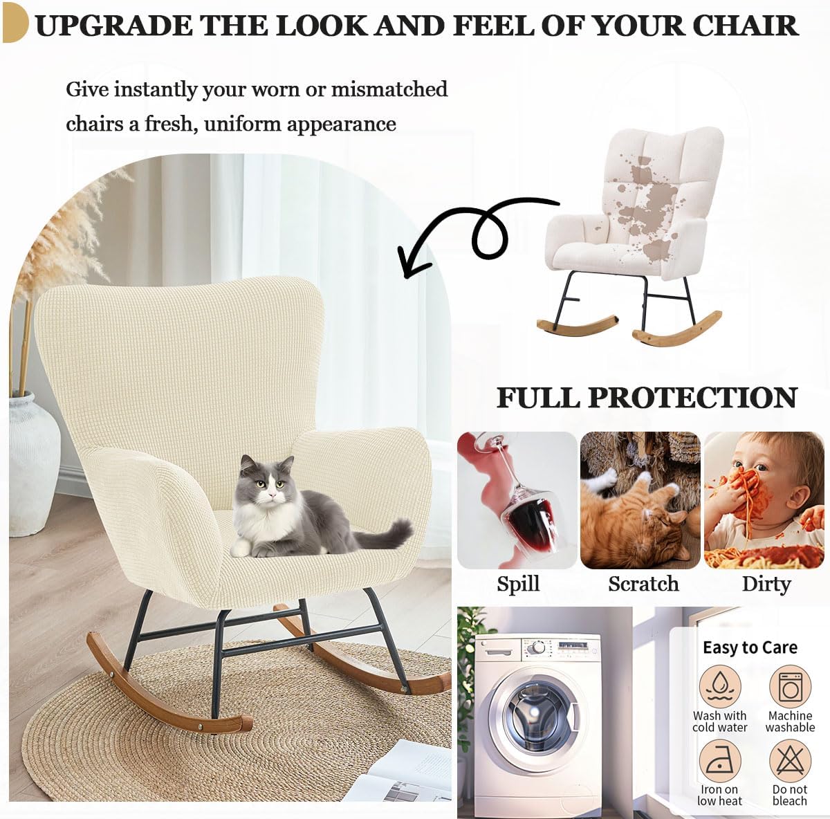 Levoberg Nursery Rocking Chair Cover Stretch Rocker Glider Chairs Cover Slipcovers Jacquard Rocking Accent Chair Cover Recliner Armchair Slipcover for Nursery Living Room Bedroom Office Black