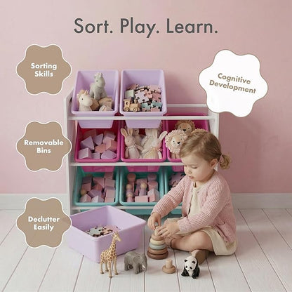 Humble Crew Toy Storage Organizer with 9 Removable Storage Bins for Kids Playroom, 3-Tier Toddler Toy Organization and Storage, White/Pink/Purple/Aqua