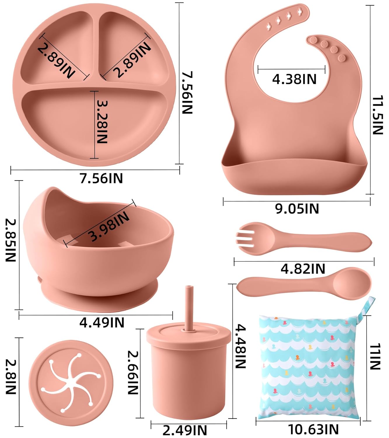 Silicone Baby Feeding Set, 10 Pcs Baby Led Weaning Supplies Baby Eating Essentials Set with Suction Bowl Divided Plate Adjustable Bib Soft Spoon Fork Cup with Lid Drinking Cup, Travel Bag (Blue)