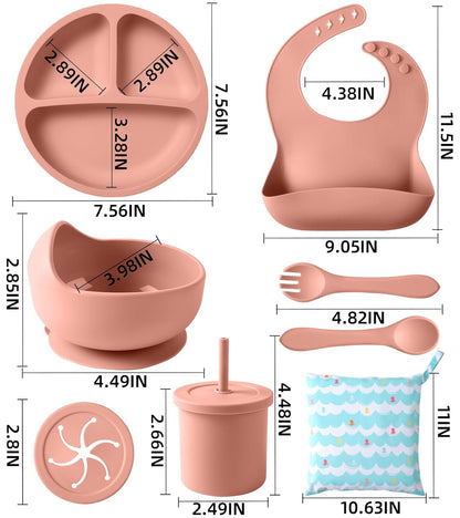 Silicone Baby Feeding Set, 10 Pcs Baby Led Weaning Supplies Baby Eating Essentials Set with Suction Bowl Divided Plate Adjustable Bib Soft Spoon Fork Cup with Lid Drinking Cup, Travel Bag (Blue)