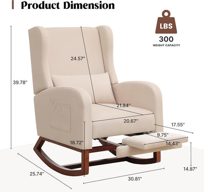 HCHAIRH Rocking Chair Nursery, Nursery Rocking Chairs with Foot Rest, Comfy Fabric Glider Rocker Nursing Chair with High Back for Nursing, Living Room, Bedroom, Beige