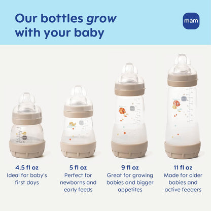 MAM Easy Start Anti-Colic Baby Bottle Starter Set – 4 Self Sterilizing Bottles (5oz & 9oz) + 2 Newborn Pacifiers Breastfed Baby Feeding Gift Set