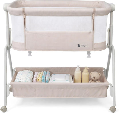 Bedside Bassinet for Baby – Adjustable Height Bedside Sleeper with Full Mesh Sides | 2 Breathable Sheets & Storage Basket | Portable Baby Bassinet for Newborns with Wheels & Bed Attachment