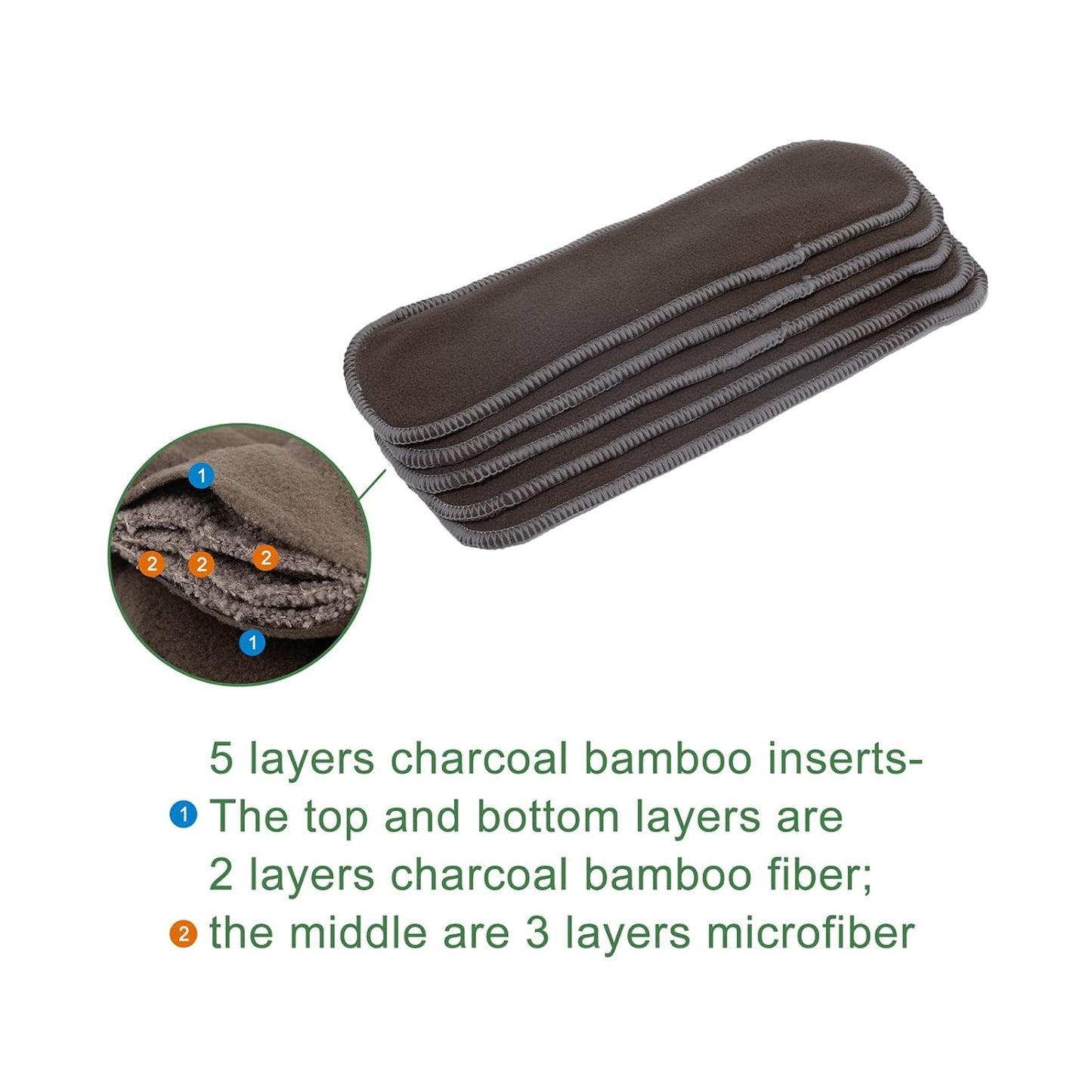 ALVABABY 12PCS Newborn Cloth Diaper Insert,5-Layer Charcoal Liner Reusable 12SZTN