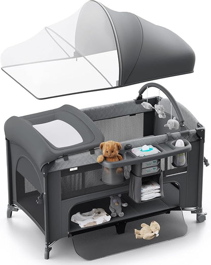 Obee Odee 4 in 1 Baby Bassinet, Pack and Play, Bedside Crib Sleeper, Diaper Changer - Comes with Mattress, Mosquito Net, Bottom Storage and Toy Bar for Newborn to Toddles