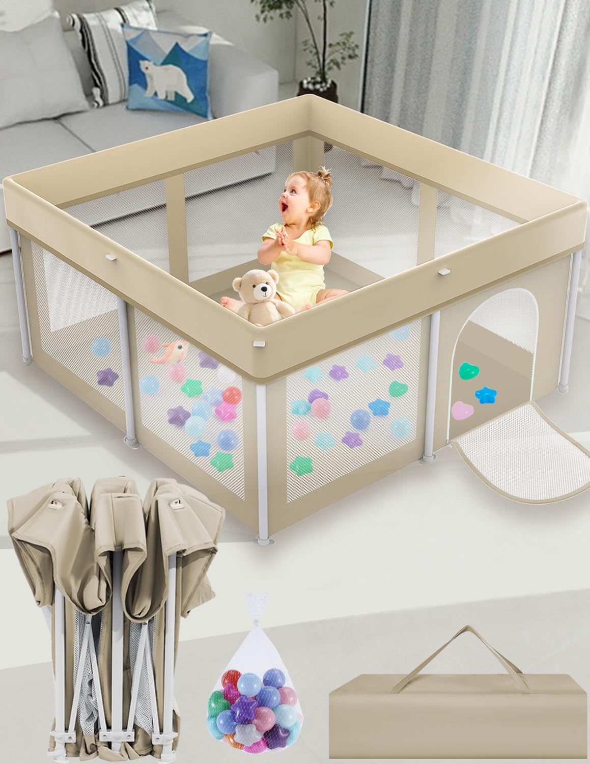 Foldable Large Baby Playpen 71"×71", Portable Playard for Babies & Toddlers, Lightweight Safety Baby Fence, No Installation, Indoor & Outdoor Playpen with 150 Ocean Balls, Beige