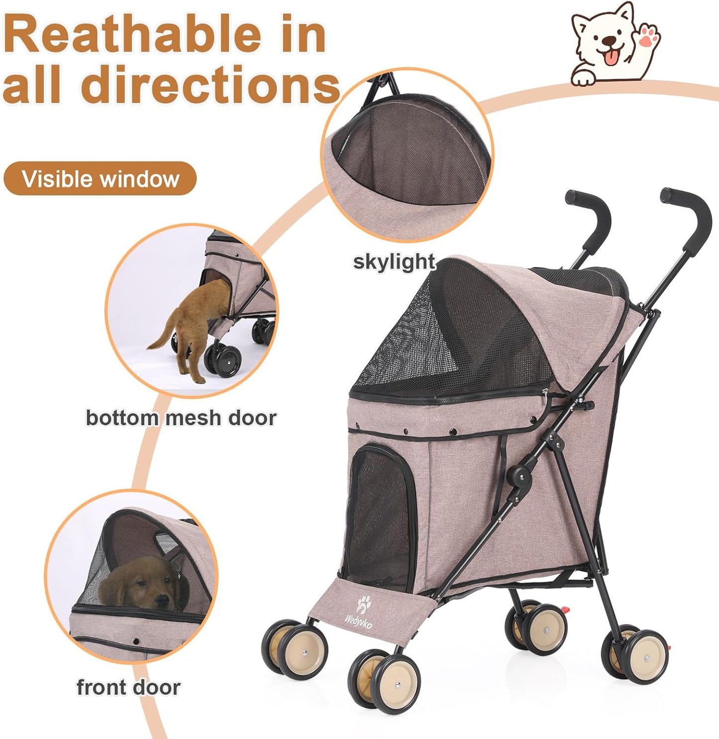 Wedyvko Travel Portable Dog Stroller, Pet Stroller for Small Puppy Dogs & Cats, Up to 33 lbs, Black