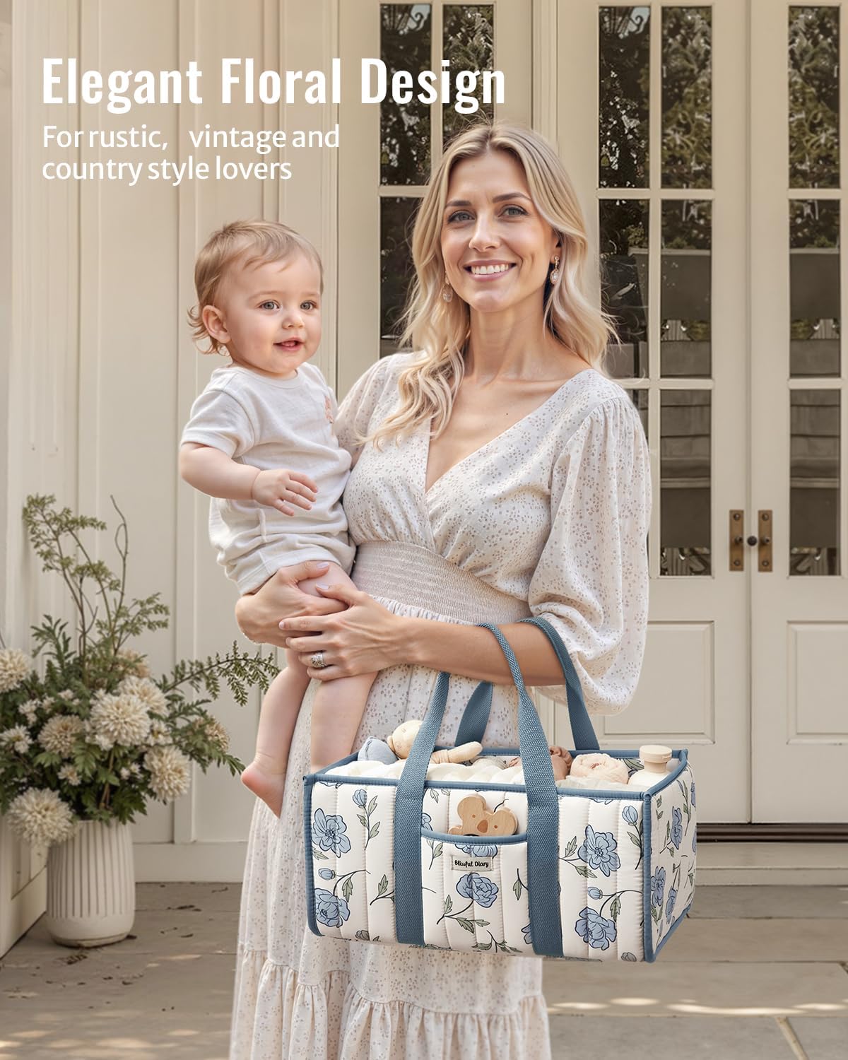 Blissful Diary Floral Diaper Caddy Organizer, Stylish Nursery Storage Basket, Gift for Baby Shower, Newborn Essentials, Floral Beige