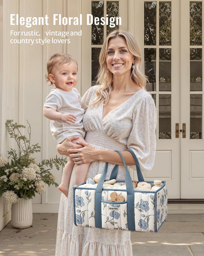Blissful Diary Floral Diaper Caddy Organizer, Stylish Nursery Storage Basket, Gift for Baby Shower, Newborn Essentials, Floral Beige
