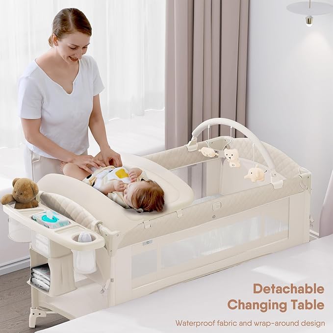 Obee Odee 4 in 1 Baby Bassinet, Pack and Play, Bedside Crib Sleeper, Diaper Changer - Comes with Mattress, Mosquito Net, Bottom Storage and Toy Bar for Newborn to Toddles