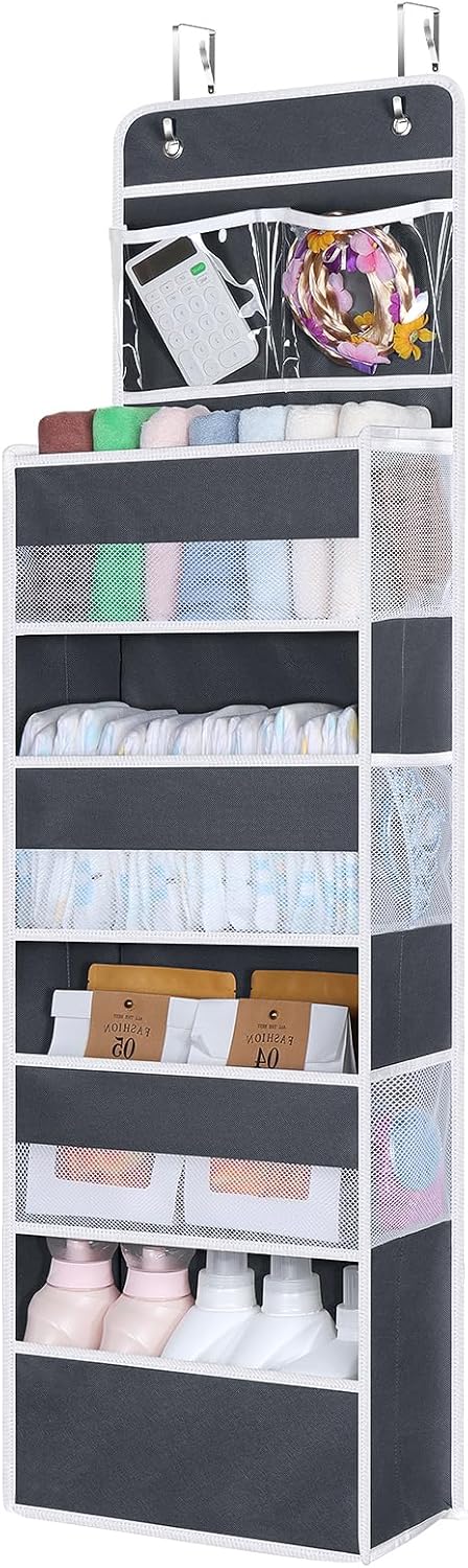 Univivi Over The Door Organizer, 5 Shelf Door Hanging Organizer Nursery Door Storage with 4 Large Compartments and 2 Small PVC Pockets 6 Side Pockets for Bathroom,Cosmetics and Nursery Baby Essential