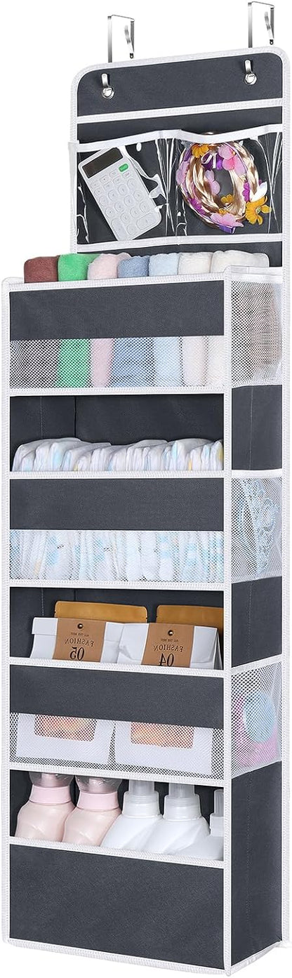 Univivi Over The Door Organizer, 5 Shelf Door Hanging Organizer Nursery Door Storage with 4 Large Compartments and 2 Small PVC Pockets 6 Side Pockets for Bathroom,Cosmetics and Nursery Baby Essential