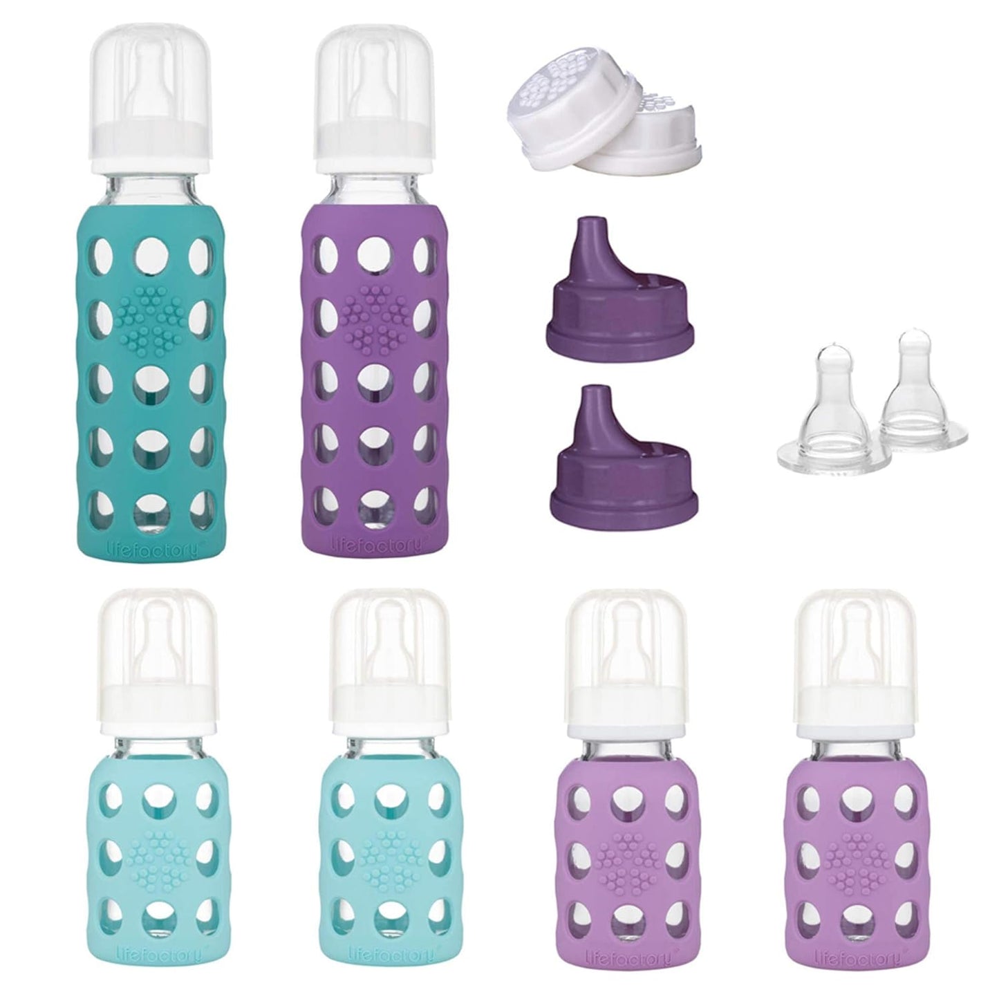 Lifefactory Baby Bottle Starter Set 10-Piece | 4 oz Mint & Blanket, 9 oz Kale & Blueberry | Includes Flat Caps, Sippy Caps, Stage 2 Nipples