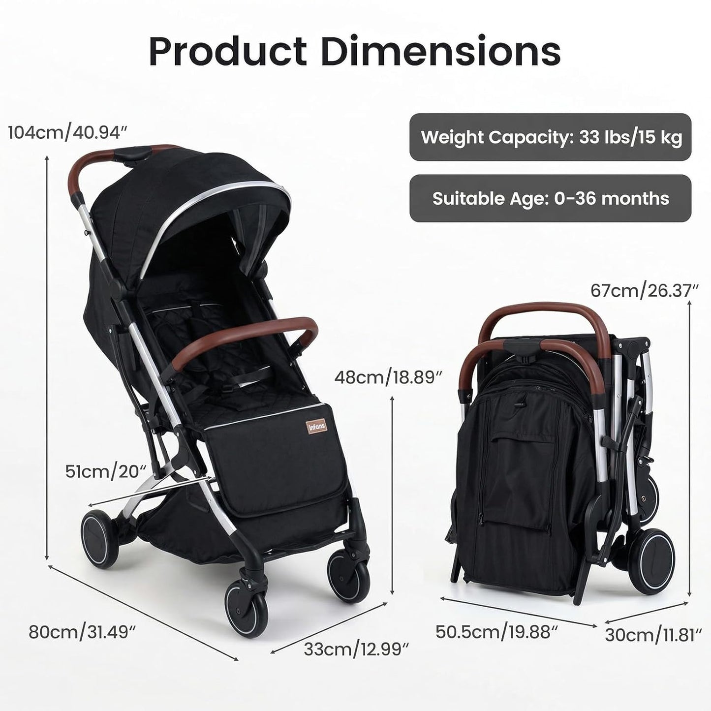 INFANS Travel Stroller, Lightweight Compact Baby Stroller for Airplane with One-Hand Fold, Multi-Position Recline, Canopy, 4 Wheel Suspension, Storage Basket (Grey+Black)