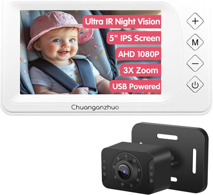 Baby Car Camera USB with No.1 Clarity, 5'' HD 1080P IPS Baby Car Monitor with 3X Zoom, Backseat/Carseat/Rear Seat Camera with Ultra Night Vision, Easy No-Damage Install, S100P(5inch Black)