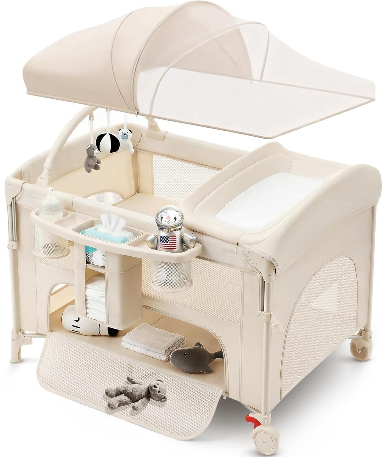4 in 1 Baby Bassinet Bedside Crib with One-Hand Setup & Waterproof Mattress – ASTM-Certified Pack and Play, Portable Foldable Playard with Diaper Changer for Newborn to Toddler(Black)