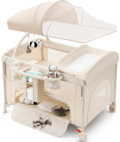 4 in 1 Baby Bassinet Bedside Crib with One-Hand Setup & Waterproof Mattress – ASTM-Certified Pack and Play, Portable Foldable Playard with Diaper Changer for Newborn to Toddler(Black)